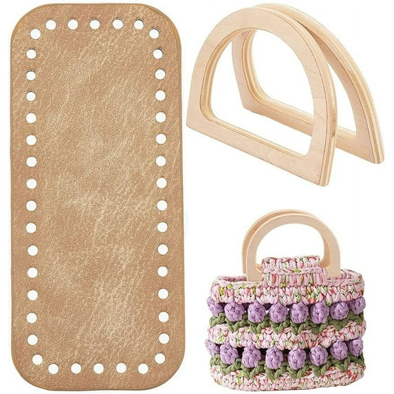 Crochet Bag Making Kit 7 x 3 Inch Purse Bottom Oval Leather Bottom Shaper Pad with 2pcs D Shape Wooden Bag Handles DIY