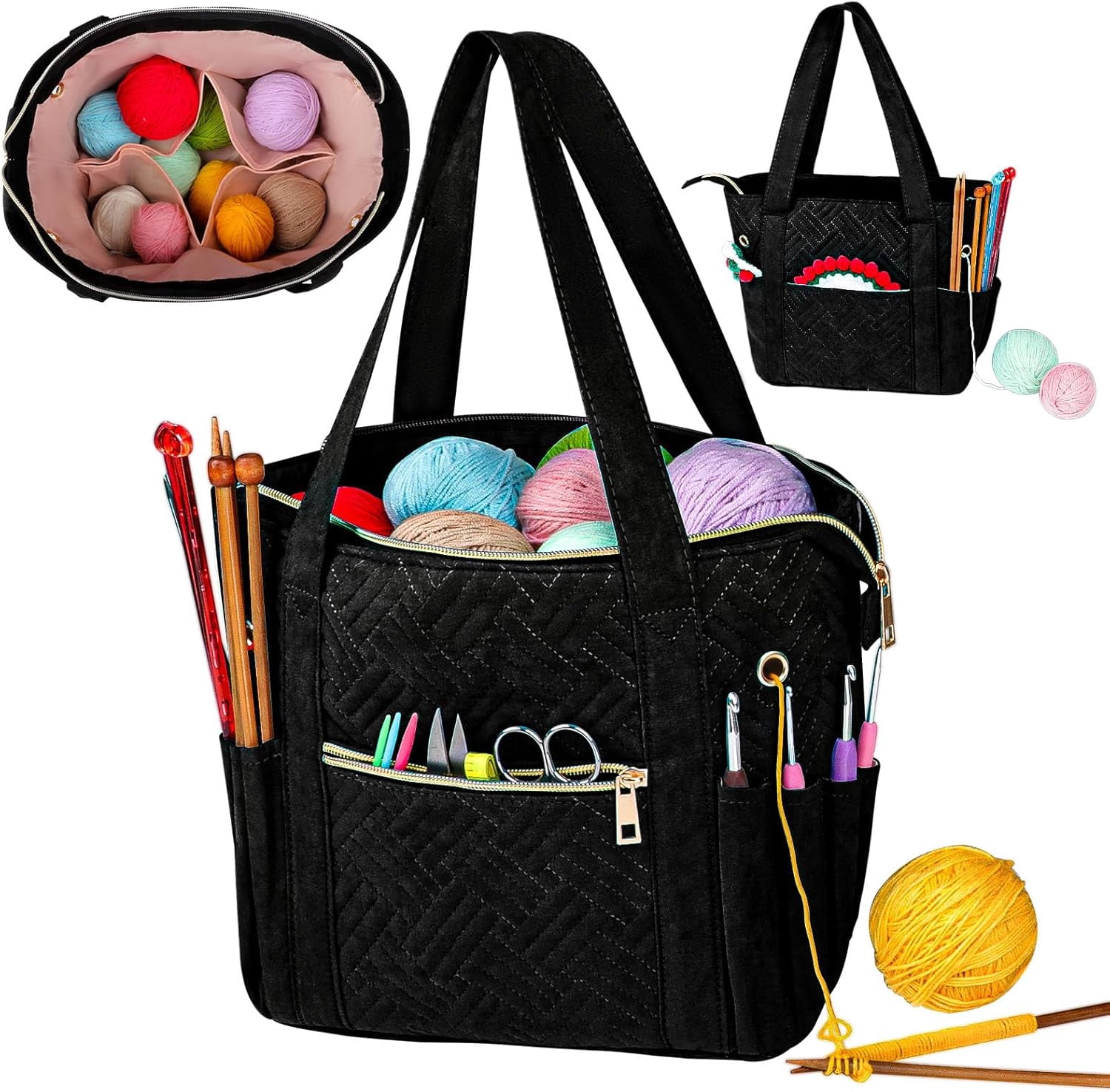 Crochet Bag Organizer for Yarn Storage, Velvet Knitting Tote Bag with Double Handle for Crochet Accessories, Portable Travel Case for Yarn Balls, Crochet Hooks& Knitting Needles Holder (Black)