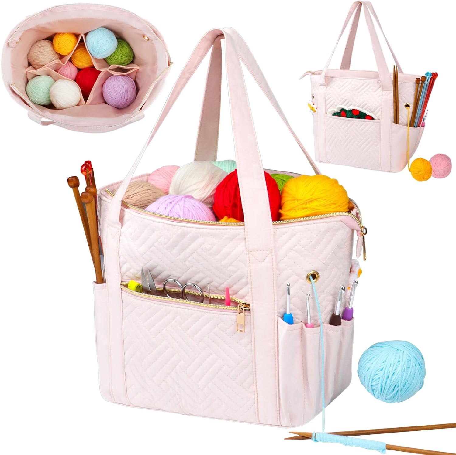 Crochet Bag Organizer for Yarn Storage, Velvet Knitting Tote Bag with Double Handle for Crochet Accessories, Portable Travel Case for Yarn Balls, Crochet Hooks& Knitting Needles Holder (Pink)
