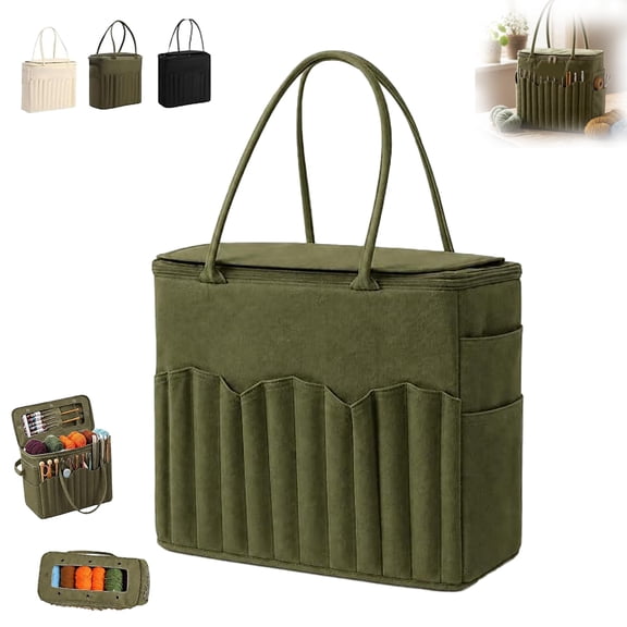 Crochet Bag Organizer with Yarn Storage, Multiple Pockets, Needle Holders and Yarn Holes, Canvas Knitting Tote for Crochet Supplies and Projects