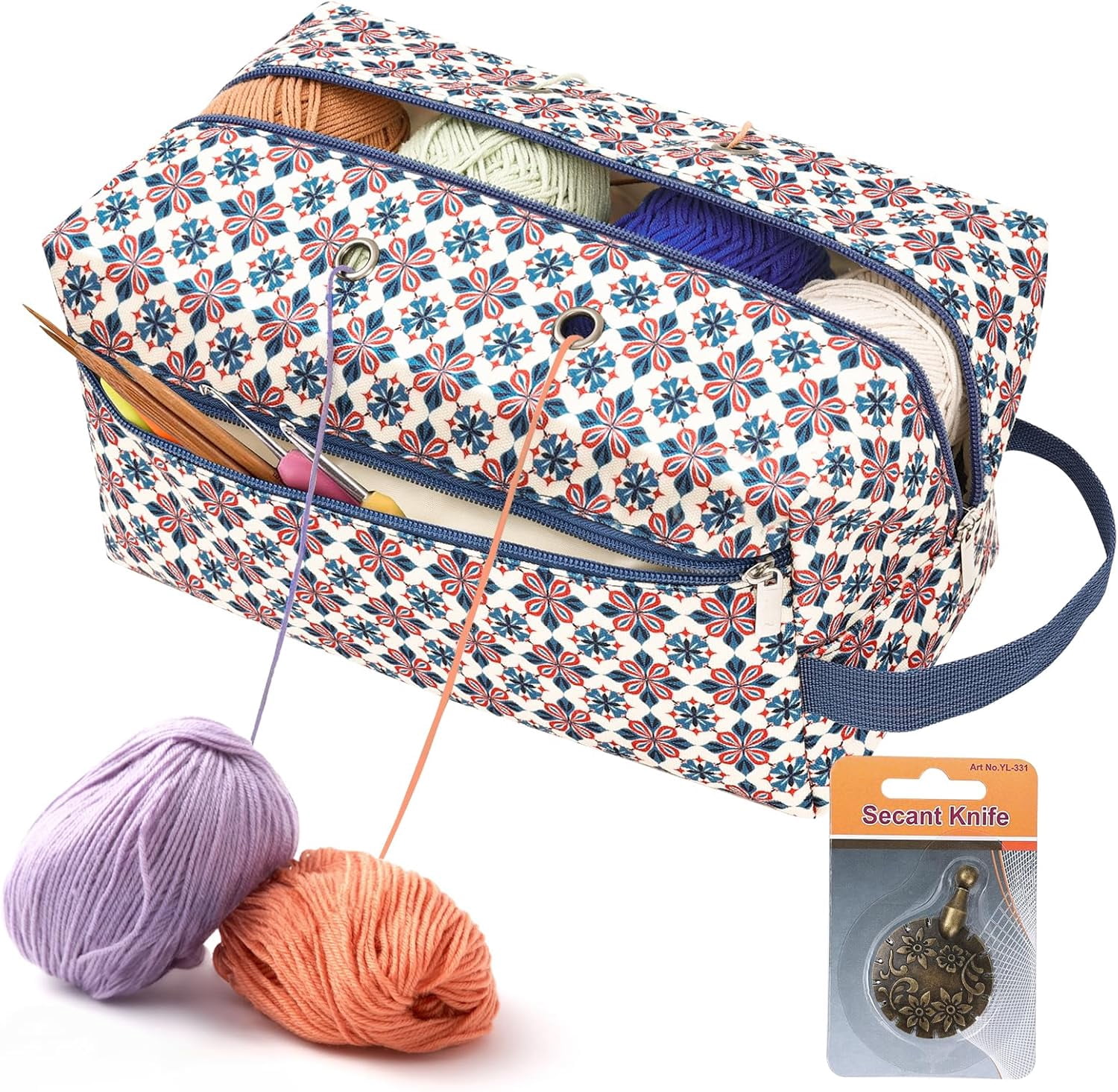 Crochet Bag with Thread Cutter, Portable Knitting Bag Yarn Storage Organizer for Crochet Hooks, Knitting Needles and Other Accessories, Gift for Mom Women