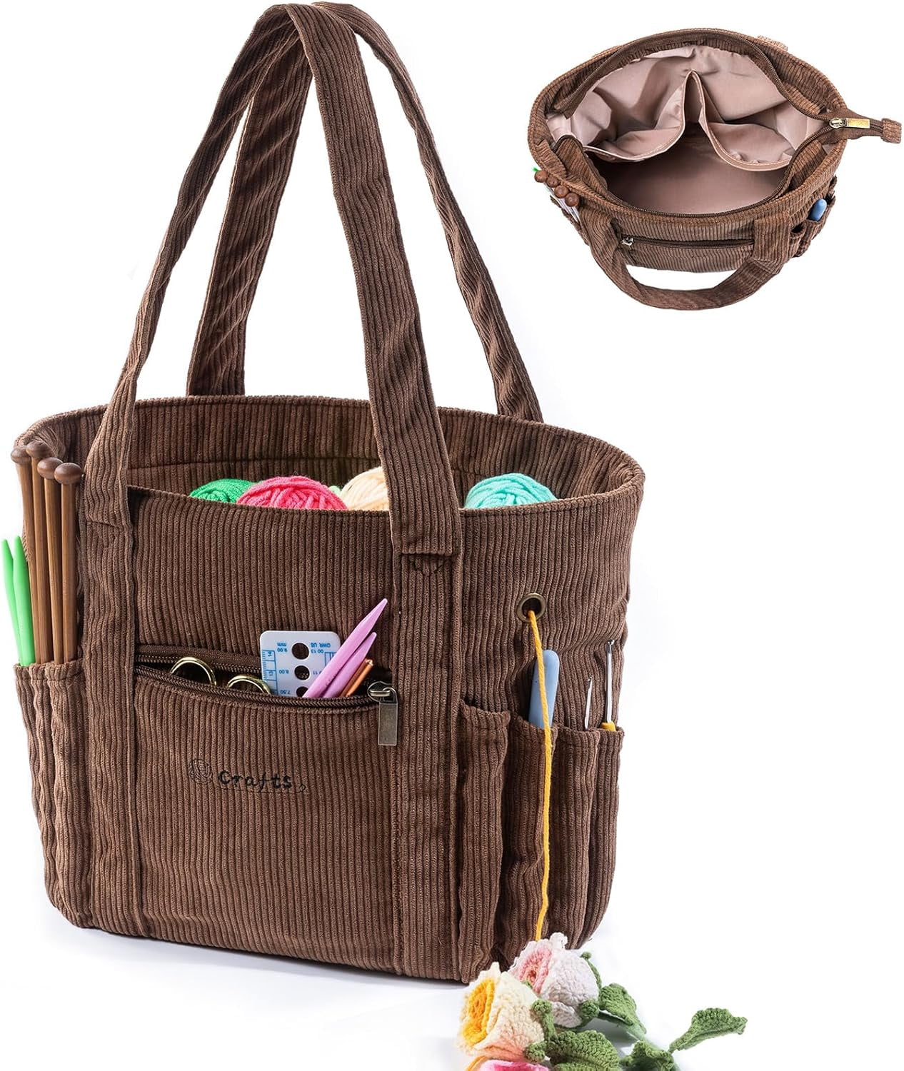 Crochet Bag and Tote - Corduroy Yarn Bag - Yarn Holder for Crocheting - Crochet Storage Bag for Crochet , Crochet Accessories, Knitting Bag for Crochet Lovers, Mother's Day Gift