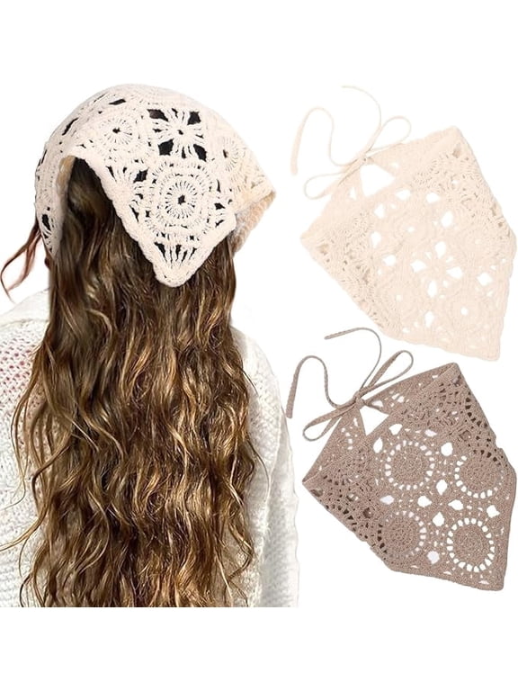 Crochet Bandana Head Scarf for Women, Knitted Floral Triangle Hair Kerchief, Neutral Boho Lace Headband Accessory for Festivals Travel