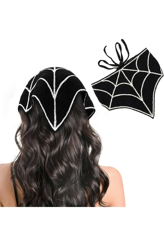 Crochet Bandanas for Women Spider Web Skull Crochet Head Scarf Black Crochet Headband Halloween Knitted Headscarf