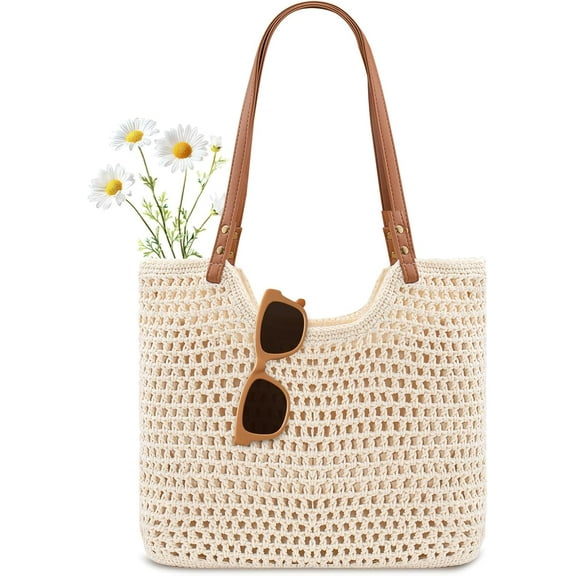 Crochet Beach Bag For Women Summer Tote Bag Boho Shoulder Bag With Leak-Proof Lining for Vacation Travel Woven Purse