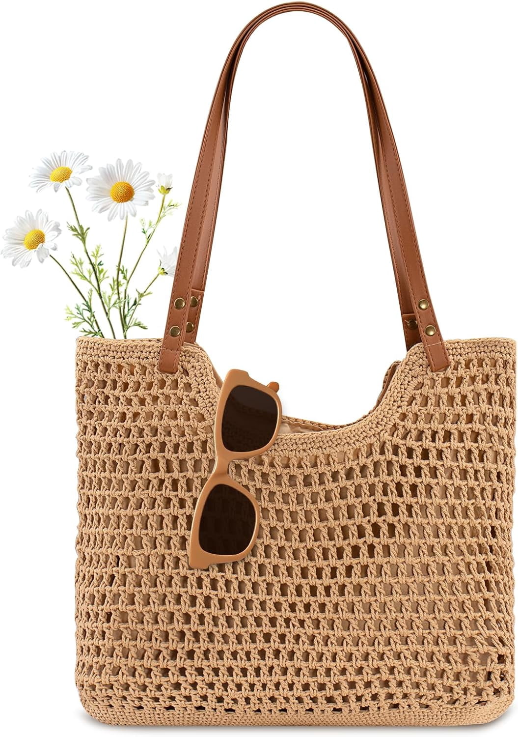 Crochet Beach Bag For Women Summer Tote Bag Boho Shoulder Bag With Leak-Proof Lining for Vacation Travel Woven Purse