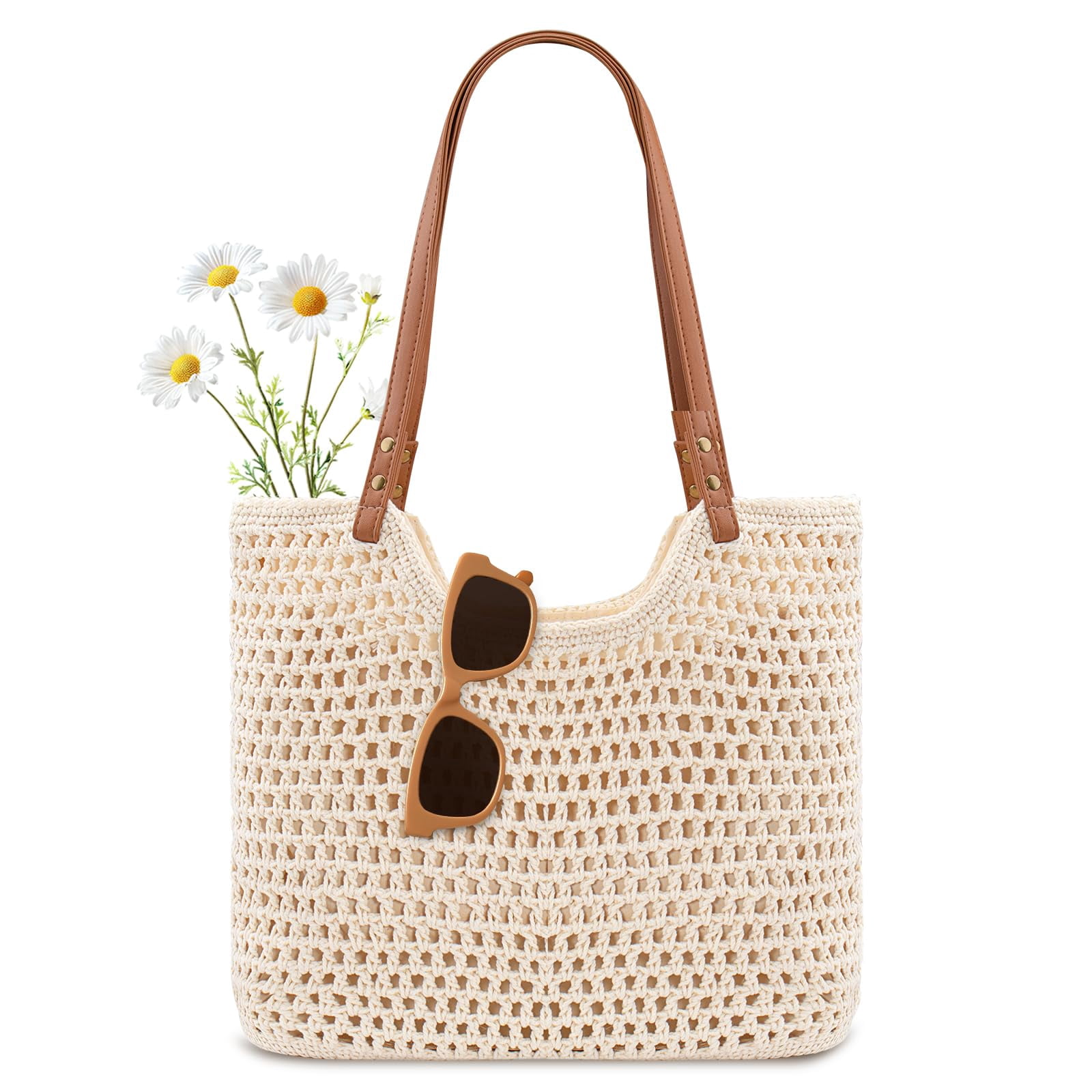 Crochet Beach Bag Purse, Boho Woven Tote with Leak-Proof Lining For Summer Vacation Travel Casual Shoulder Bag Soft