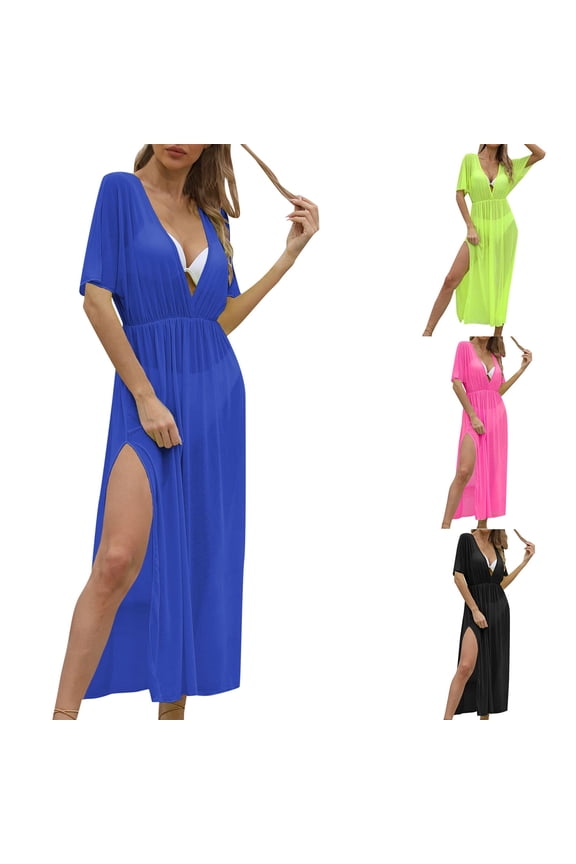 Crochet Beach Cover Up , Swimsuit Cover Ups , Plus Size Swim Cover Up Women's Sheer Beach Dress Cover Up V Neck Split Drape Maxi Dress With Waist For Swimwear And Resort Wear