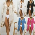thumbnail image 1 of Crochet Beach Cover Up Women Sexy V-neck Lace-up 3/4 Sleeve Hollow Out Tassel Bikini Cover-up Solid Color Swimsuit Cardigan, 1 of 7