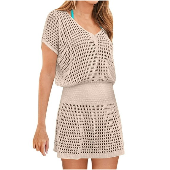 Crochet Beach Cover Ups for Women Knit Mesh Holes Bathing Suit Short Sleeve V Neck Swimwear Pullover Beach Dress
