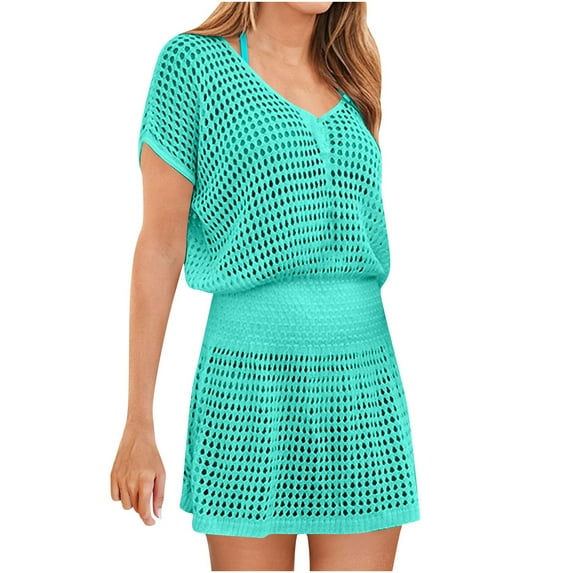 Crochet Beach Cover Ups for Women Knit Mesh Holes Bathing Suit Short Sleeve V Neck Swimwear Pullover Beach Dress