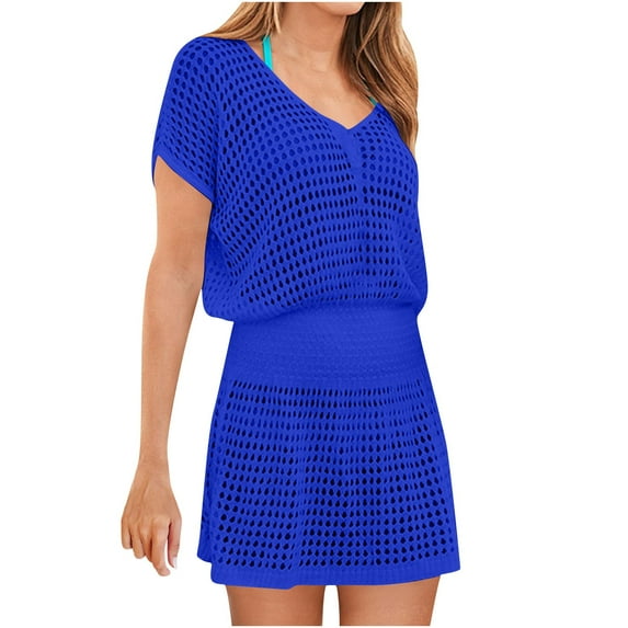 Crochet Beach Cover Ups for Women Knit Mesh Holes Bathing Suit Short Sleeve V Neck Swimwear Pullover Beach Dress