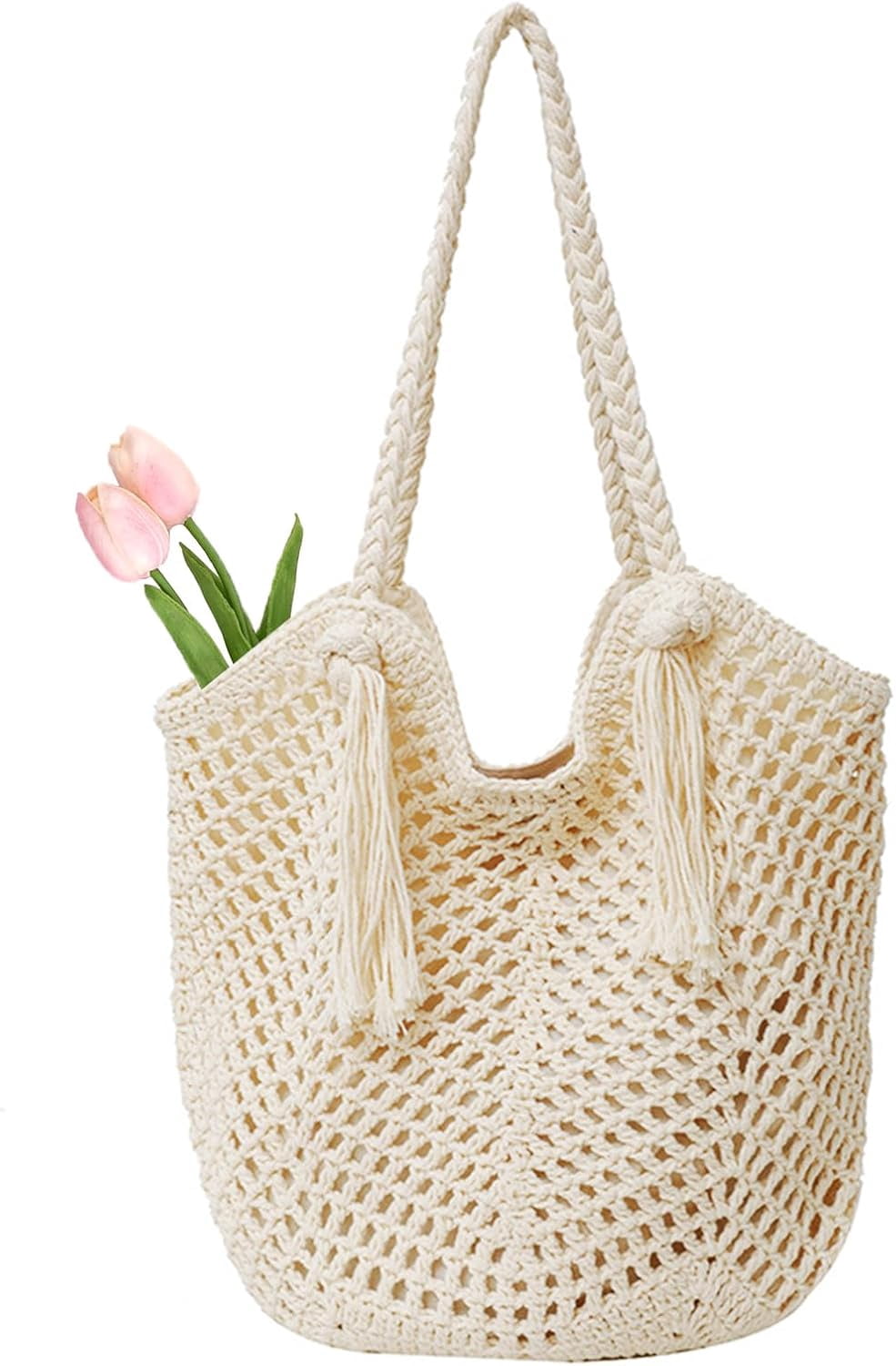 Crochet Beach Tote Bag For Women 2025 Bohemian Shoulder Bag Purse With Leak-Proof Lining for Summer Vacation Travel