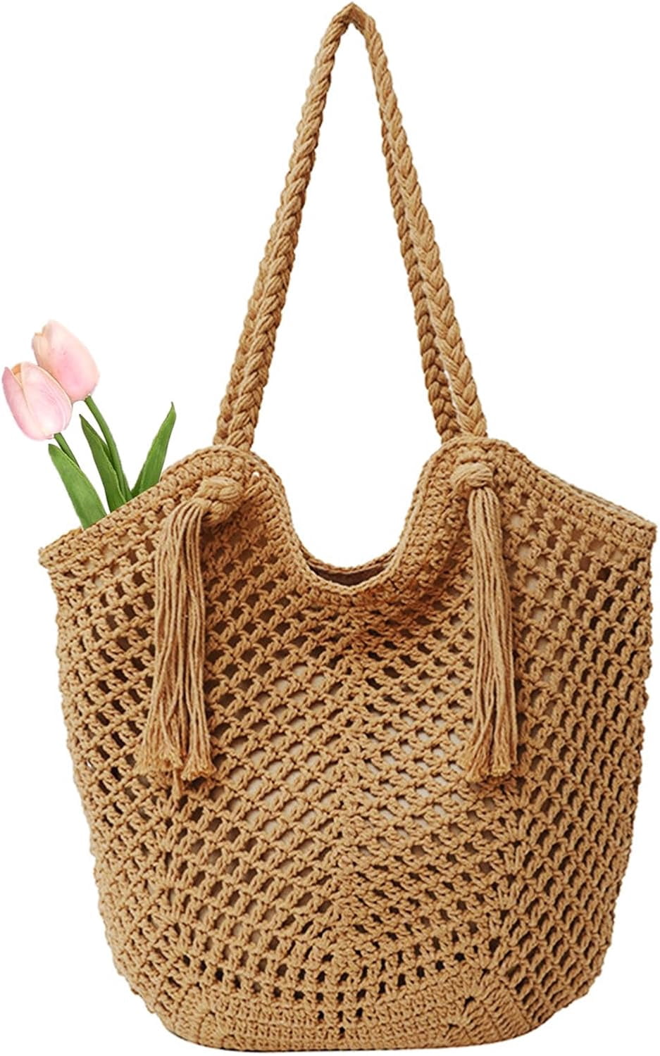 Crochet Beach Tote Bag For Women 2025 Bohemian Shoulder Bag Purse With Leak-Proof Lining for Summer Vacation Travel