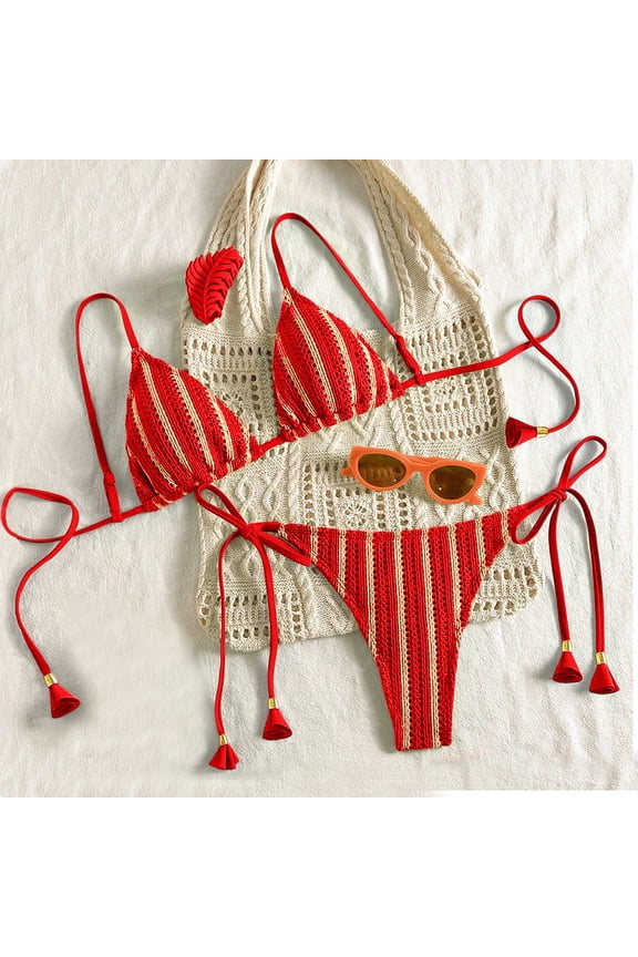 Crochet Bikini Sets for Women Cheeky Two Piece Bathing Suits Striped Brazilian High Cut Knit Swimsuit Tie for Vacation (Red,S)
