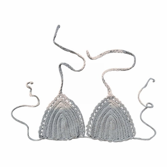 Crochet Bikini Top, Audhol Women Summer Solid Color Hand Crochet Triangle String Bikini Top Mesh Tie Swimsuit Top only Triangle Bikini Top Grey L