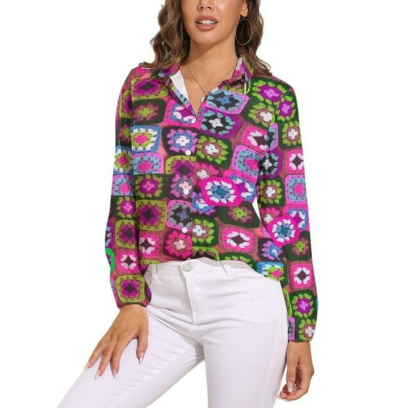 Crochet Blanket Granny Square Vintage Long Sleeve Blouse Woman Streetwear Casual Shirts Summer Oversize Woman Streetwear Clothing Birthday Present