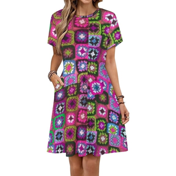 Crochet Blanket Granny Square Vintage Short Sleeve Dress Women Summer Evening Dresses Ladies Sundress