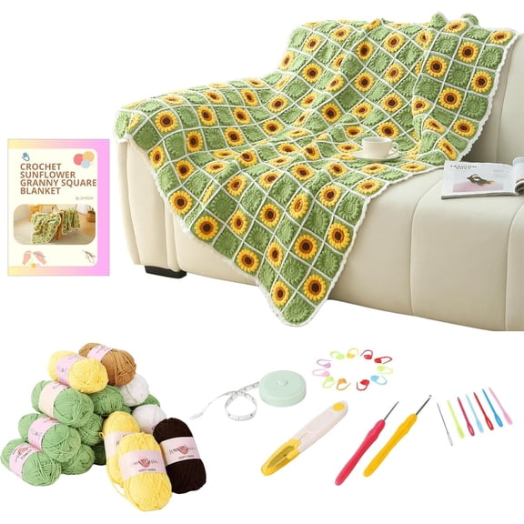 Crochet Blanket Kit for Beginners, Sunflower Granny Square Crochet Blanket Kit for Adults, Easy Learn How to Knitting with Yarn Accessories Book & Video Tutorials for Starter (" x 39")