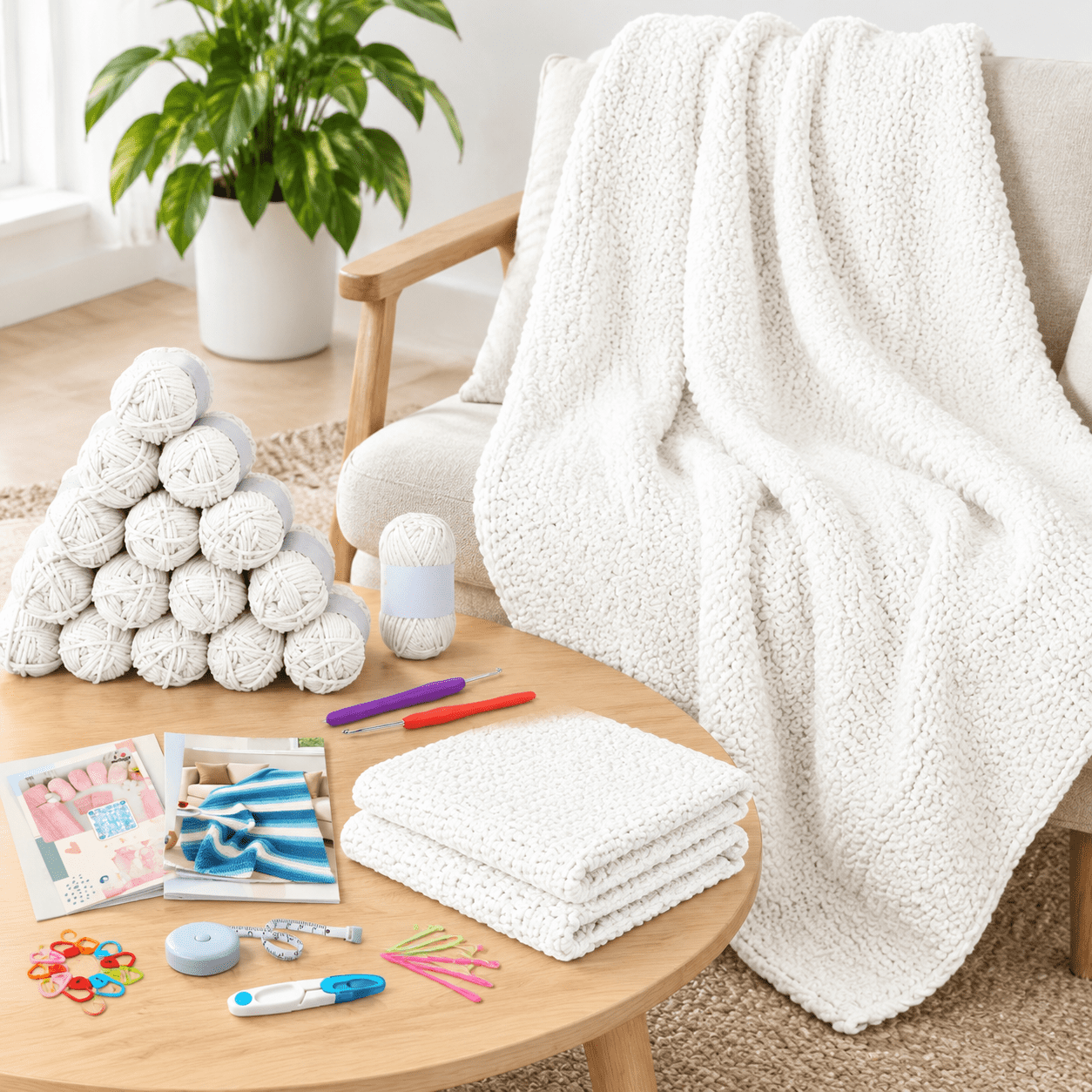 Crochet Blanket Kit For Beginners, Pure White, Soft Chenille Yarn Craft ...
