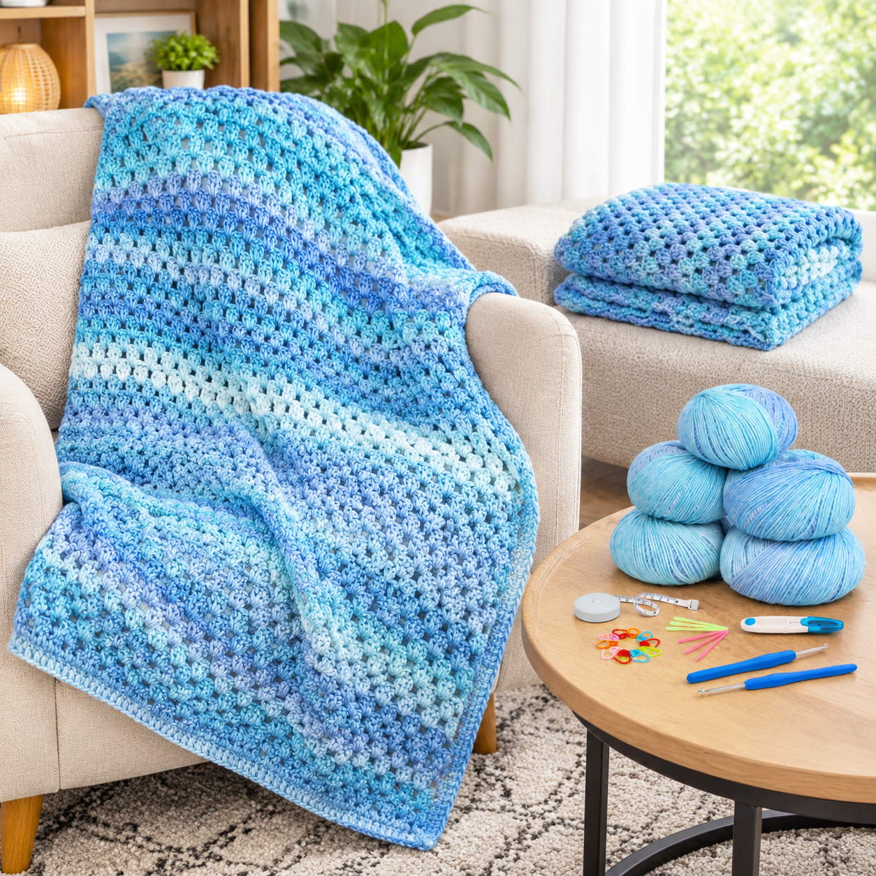 Crochet Blanket Kit for Beginners, Aurora Blue Gradient, 12.36 x 9.45 x ...
