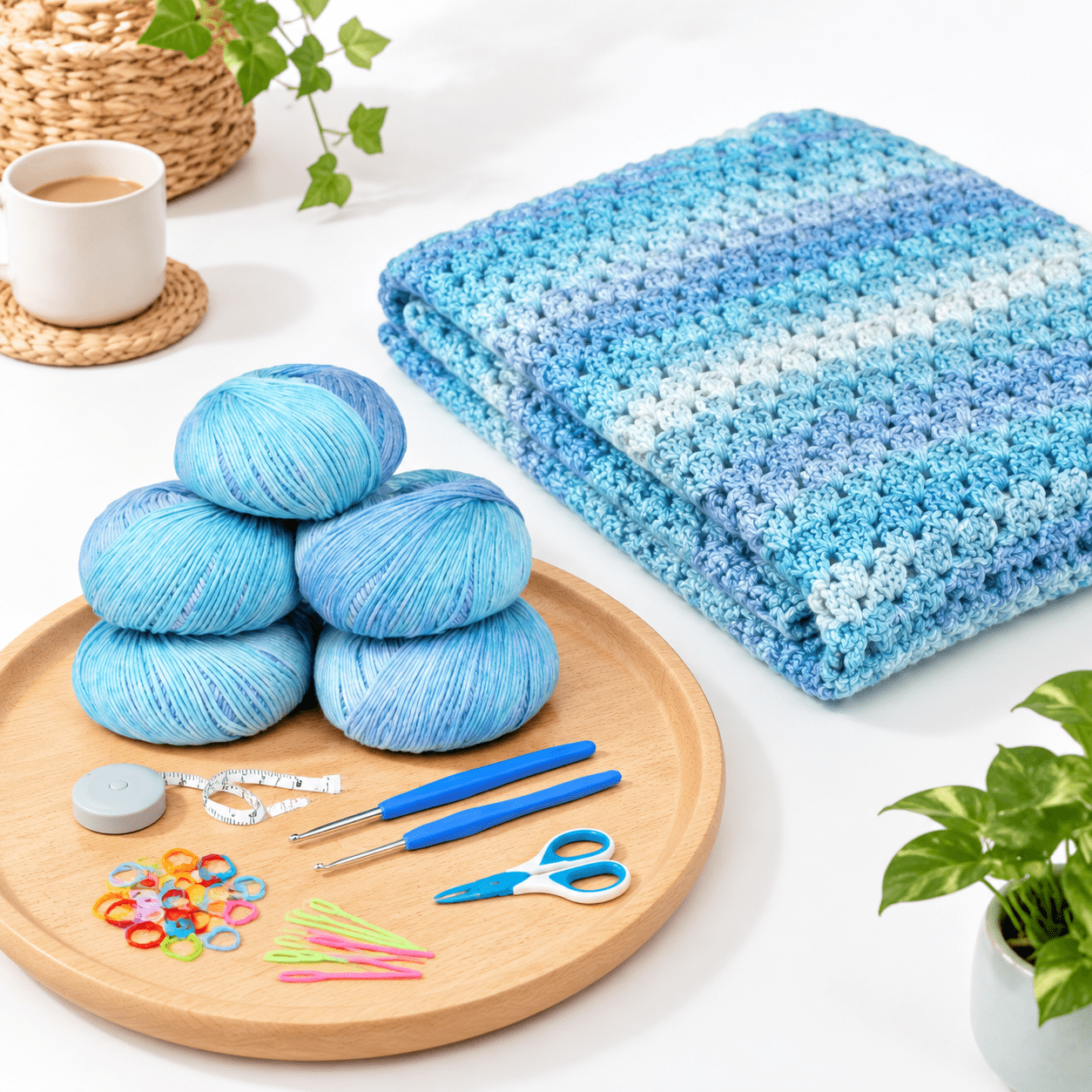 Crochet Blanket Kit for Beginners, Aurora Blue Gradient, Soft Yarn for ...