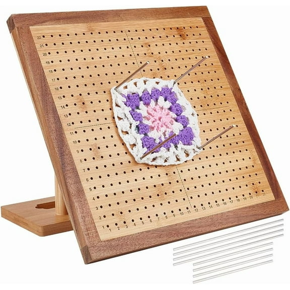 Crochet Blocking Board 13.3x13.3inch Wooden Blocking Mat with Support Base and 24pcs 3.9" & 6pcs 5.9" Steel Rods for Handcrafted Knitting and Crocheting Sewing Gift diy BurlyWood