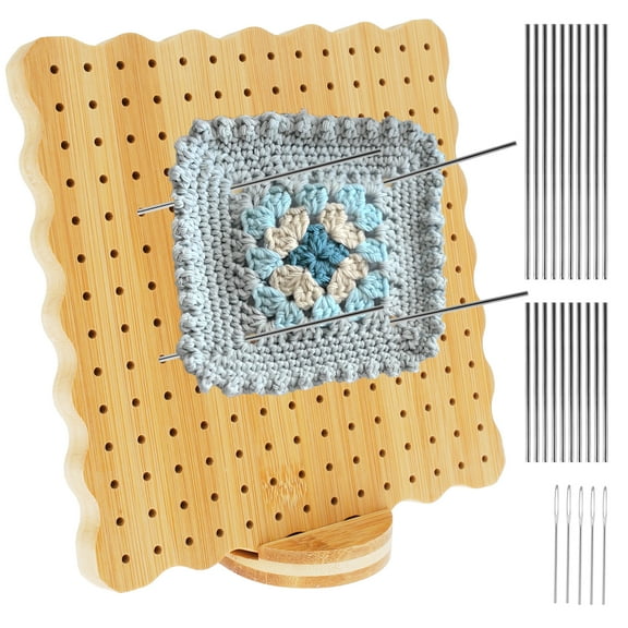 Crochet Blocking Board with Oval Base 7.7in Granny Square Blocking Board 196 Holes Wood Blocking Board Knitting Crochet Board with 20 Steel Rod Pins 5 Needles for Knitting Crochet DIY Crafts