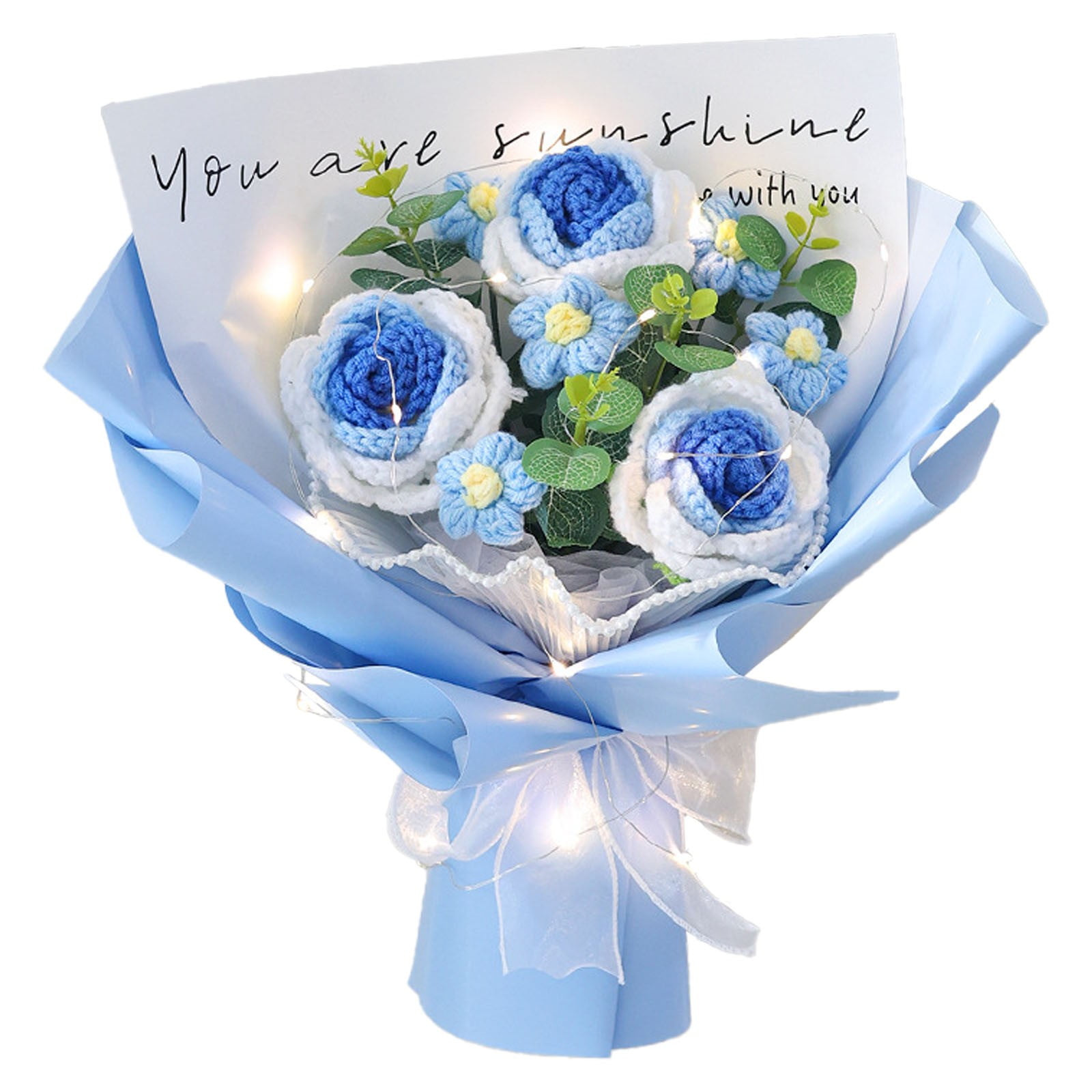 Crochet Blue Flowers Bouquet Gift for Women, 1Pcs Handmade Crochet Rose Sunflower Flower, Graduation Bouquet, Artificial Knitted Bouquet with LED Light for Graduation Weddings Gift and Home Decoration