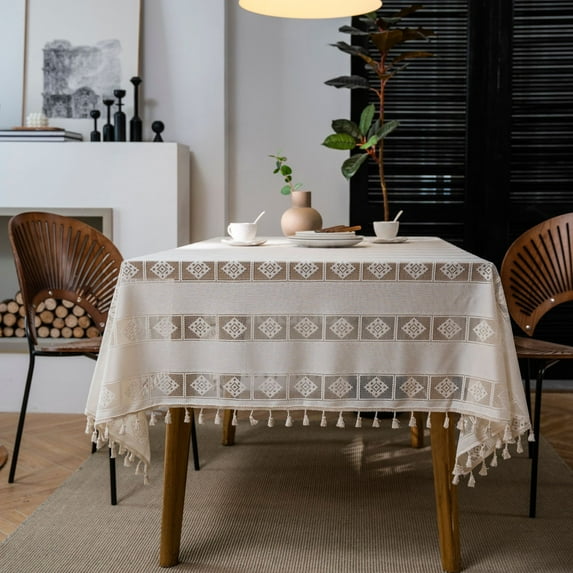 Crochet Boho Tablecloth with Tassels, Hollow Lace Tablecloths Cover for Party Birthday Dinning Farmhouse Table Cloth