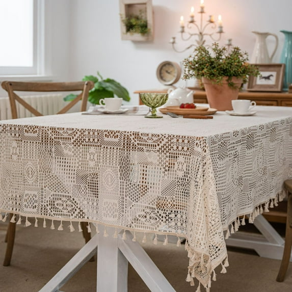 Crochet Boho Tablecloth with Tassels, Hollow Lace Tablecloths Cover for Party Birthday Dinning Farmhouse Table Cloth