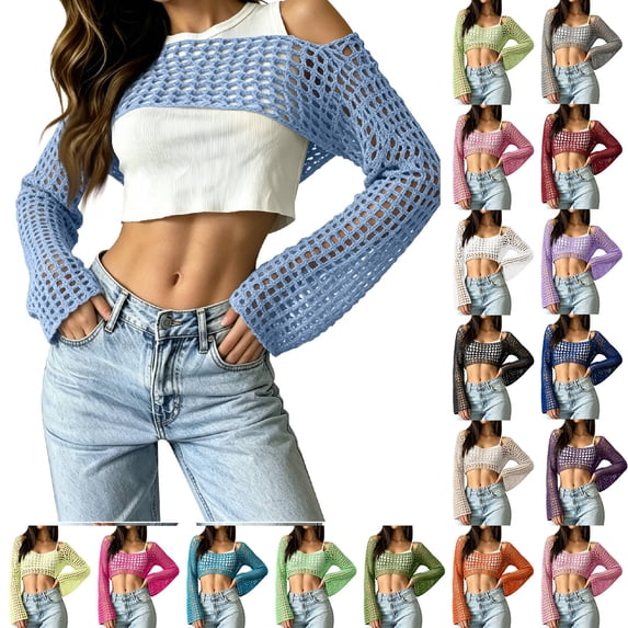Crochet Bolero Shrugs for Women 2026 Y2K Hollow Out Long Sleeve See Through Cropped Knit Sweater Tops Sky Blue S