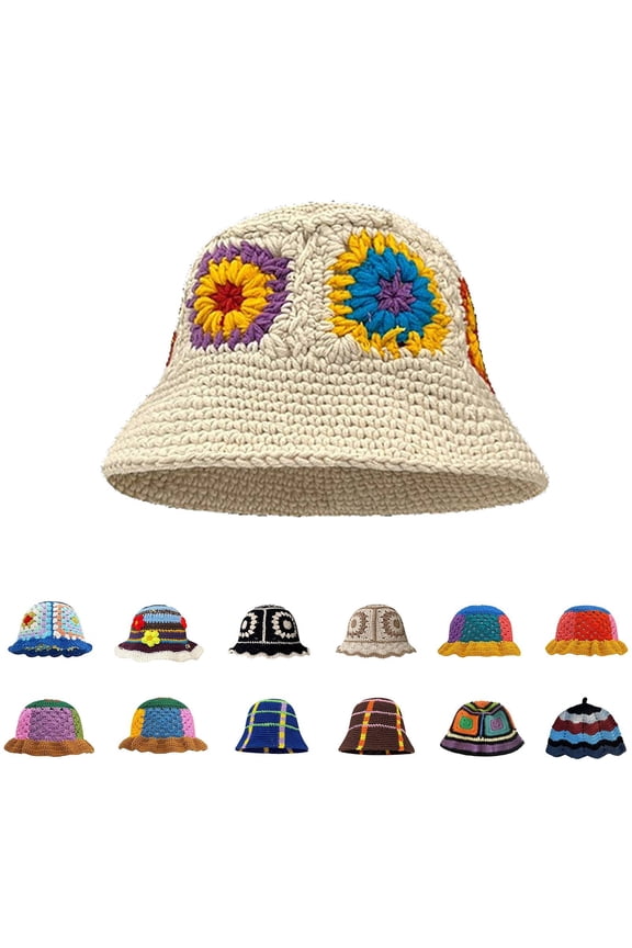 Crochet Bucket Hat For Women Knit Cap Handmade Foldable Floppy Beach Hat Fashion Cute Striped Floral Fishing Hat
