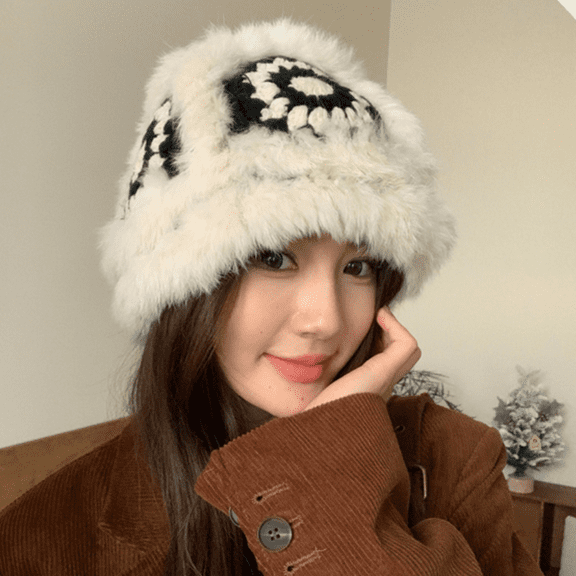 Crochet Bucket Hat for Women Girls, Knit Handmade Foldable Floppy Warm Cap, Fashion Cute Fishing Hat, Striped Floral Winter Hat