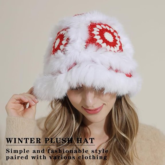 Crochet Bucket Hat for Women Girls, Knit Handmade Foldable Floppy Warm Cap, Fashion Cute Fishing Hat, Striped Floral Winter Hat