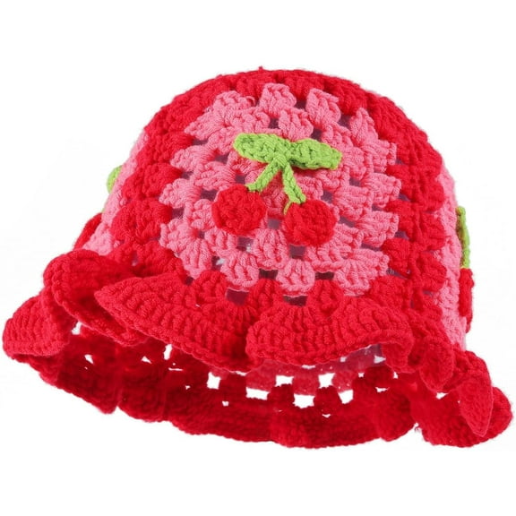 Crochet Bucket Hat for Women Handmade Floral Hat Portable Knitted Elastic Cute Beach Hat for Vacation Traveling