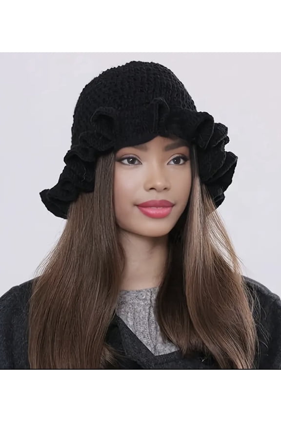 Crochet Bucket Hat for Women Ruffled Brim Knit Foldable Floppy Beach Hat Handmade Woven Fishing Cap