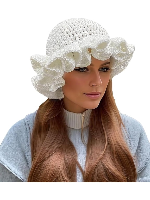 Crochet Bucket Hat for Women Ruffled Brim Knit Foldable Floppy Beach Hat Handmade Woven Fishing Cap