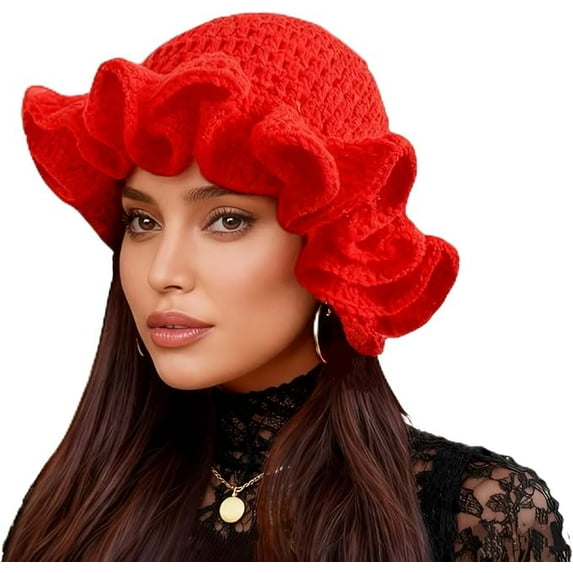 Crochet Bucket Hat for Women Ruffled Brim Knit Foldable Floppy Beach Hat Handmade Woven Fishing Cap