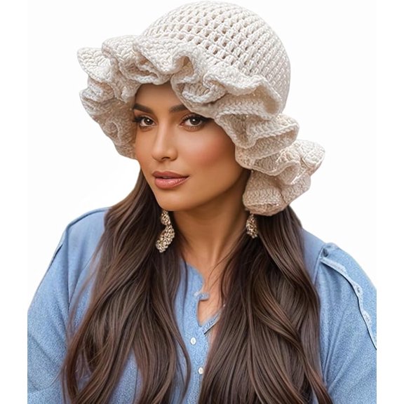 Crochet Bucket Hat for Women Ruffled Brim Knit Foldable Floppy Beach Hat Handmade Woven Fishing Cap