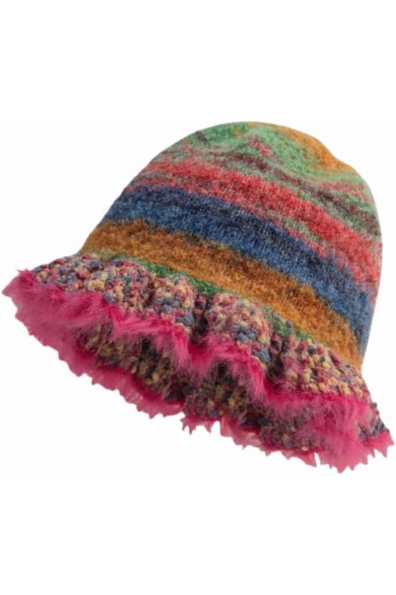Crochet Bucket Hats for Women, Cute Colorful Striped Knit Hat, Bohemian Summer Beanies with Fuzzy Ruffle Detail