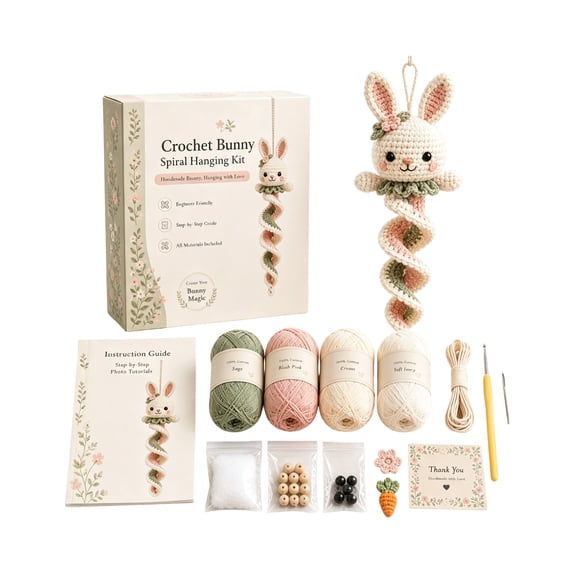 Crochet Bunny Spiral Hanging Kit, DIY Cute Rabbit Ornament Craft Set with Yarn & Tools for Nursery & Room Decor