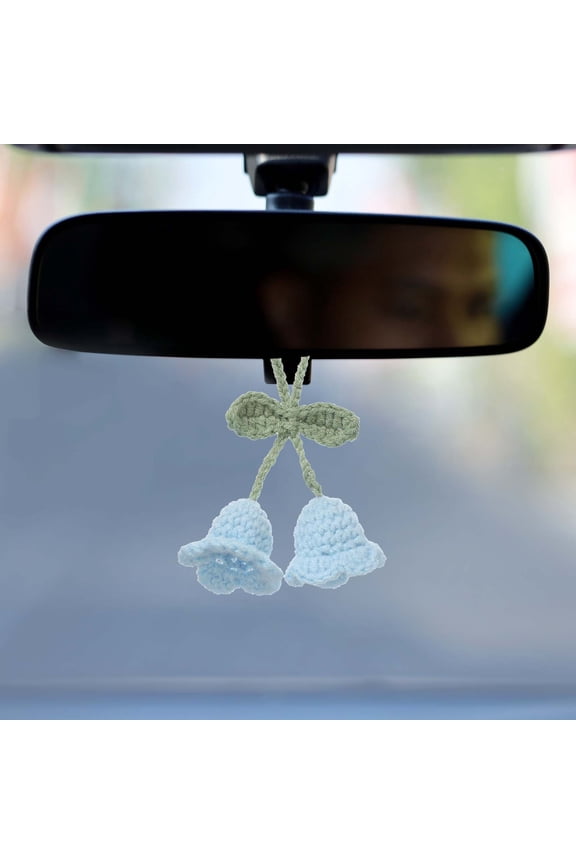 Crochet Car Hanging Accessory, Handmade Ornament with 2 Cute Little Tulip Flowers for Car Decor Bag Keychain, Blue