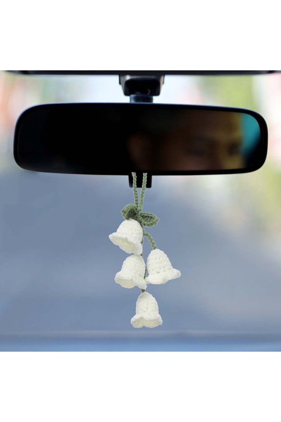 Crochet Car Hanging Accessory, Handmade Ornament with 4 Cute Little Tulip Flowers for Car Decor Bag Keychain, White