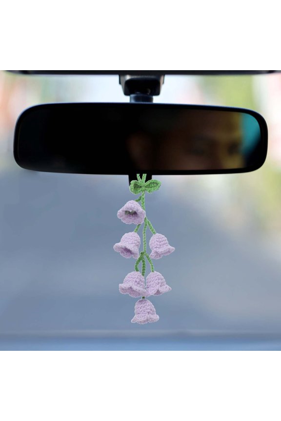 Crochet Car Hanging Accessory, Handmade Ornament with 6 Cute Little Tulip Flowers for Car Decor Bag Keychain, Purple