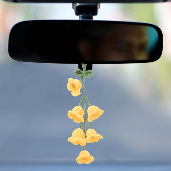 Crochet Car Hanging Accessory, Handmade Ornament with 6 Cute Little Tulip Flowers for Car Decor Bag Keychain, Yellow
