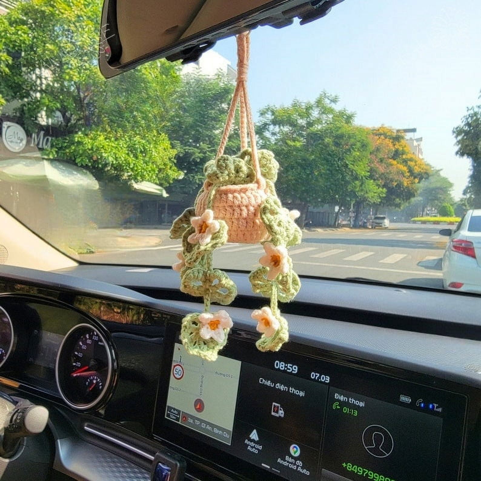 Crochet Car Mirror Hanging Accessories, Boho Artificial Flower Plants