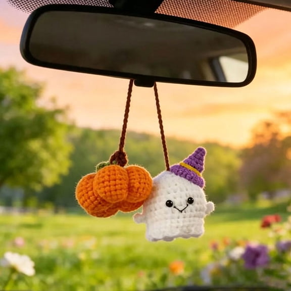 Crochet Car Mirror Hanging Accessories, Halloween Pumpkin and Ghost Cute Car Accessories for Women Teen Handmade Knitted Rear View Mirror Accessories,Charm Pendant Gift