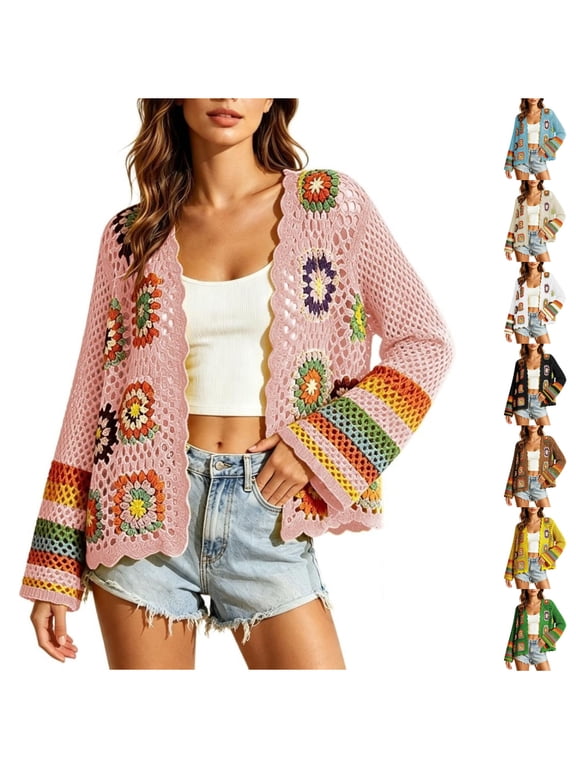 Crochet Cardigan for Women Lightweight Knit Granny Square Floral Open Front Long Sleeve Top Boho Summer Beach Cover Up Scalloped Hem Jacket