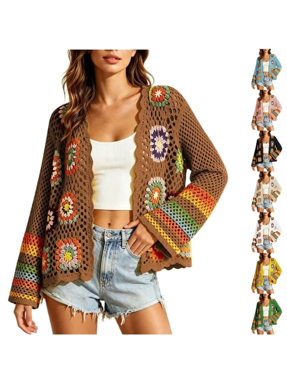 Crochet Cardigan for Women Lightweight Knit Granny Square Floral Open Front Long Sleeve Top Boho Summer Beach Cover Up Scalloped Hem Jacket